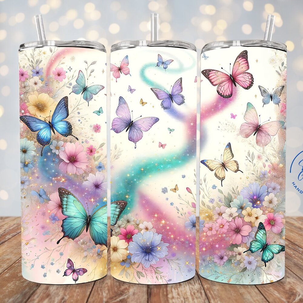 Pastel Floral Butterfly 20oz Tumbler, Pastel Butterfly 20oz Skinny Tumbler